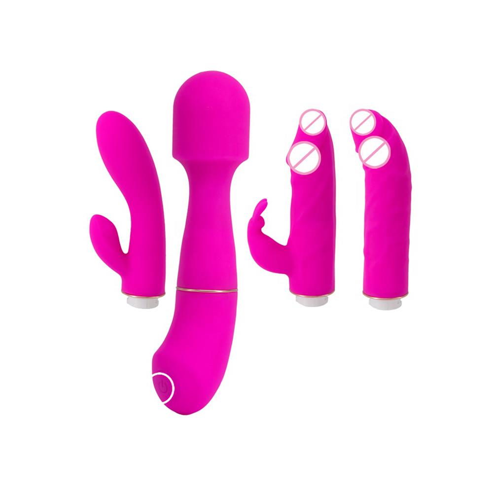 4 Interchangeable Attachments Rotation Vibration Massager Silicone Rubber Adult Toy For Female