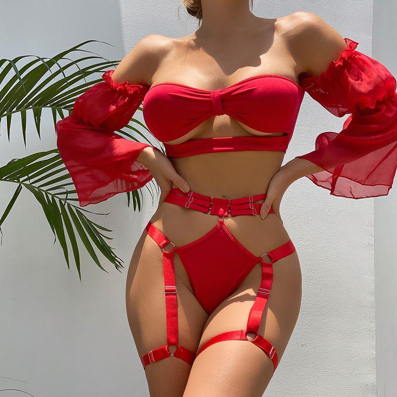 Valentines Women Lingerie Red Mesh Womens Underwear Sexy Lingerie Hollow Bra Strapless Tube Top See Through T-back With Garter