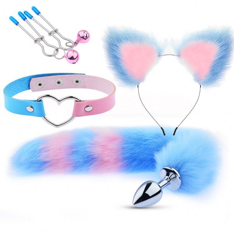 4 Pcs Set Bdsm Toy Adult Sex Game Fox Tail Butt Plug Cute Cat Ears Headbands Nipple Clip Chocker Neck Collar