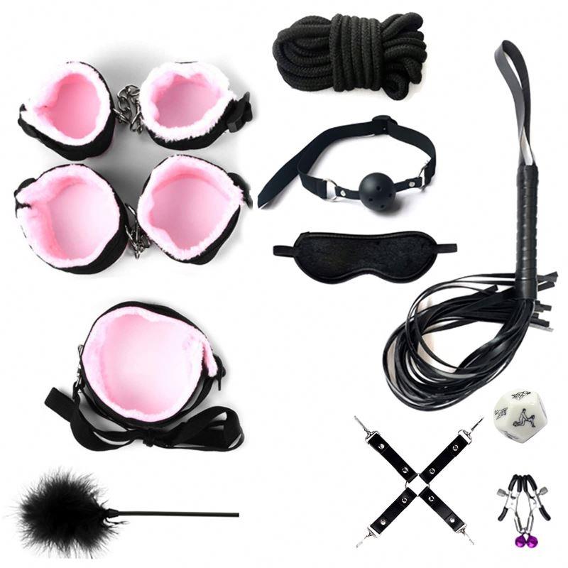 11pcs/set Bdsm Bondage Leather Bondage Sets Handcuffs Ankle Cuff Blindfold Nipple Clamp Whip Gag Erotic Dice Sex Toys For Woman