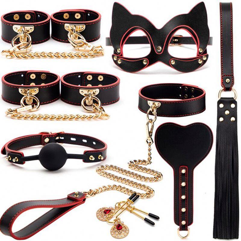 8 Pcs Bdsm Restraints Set Handcuffs Whip Neckchain Slave Mouth Ball Gag Mask Sm Bondage Play Flirting Roleplay Sex Game