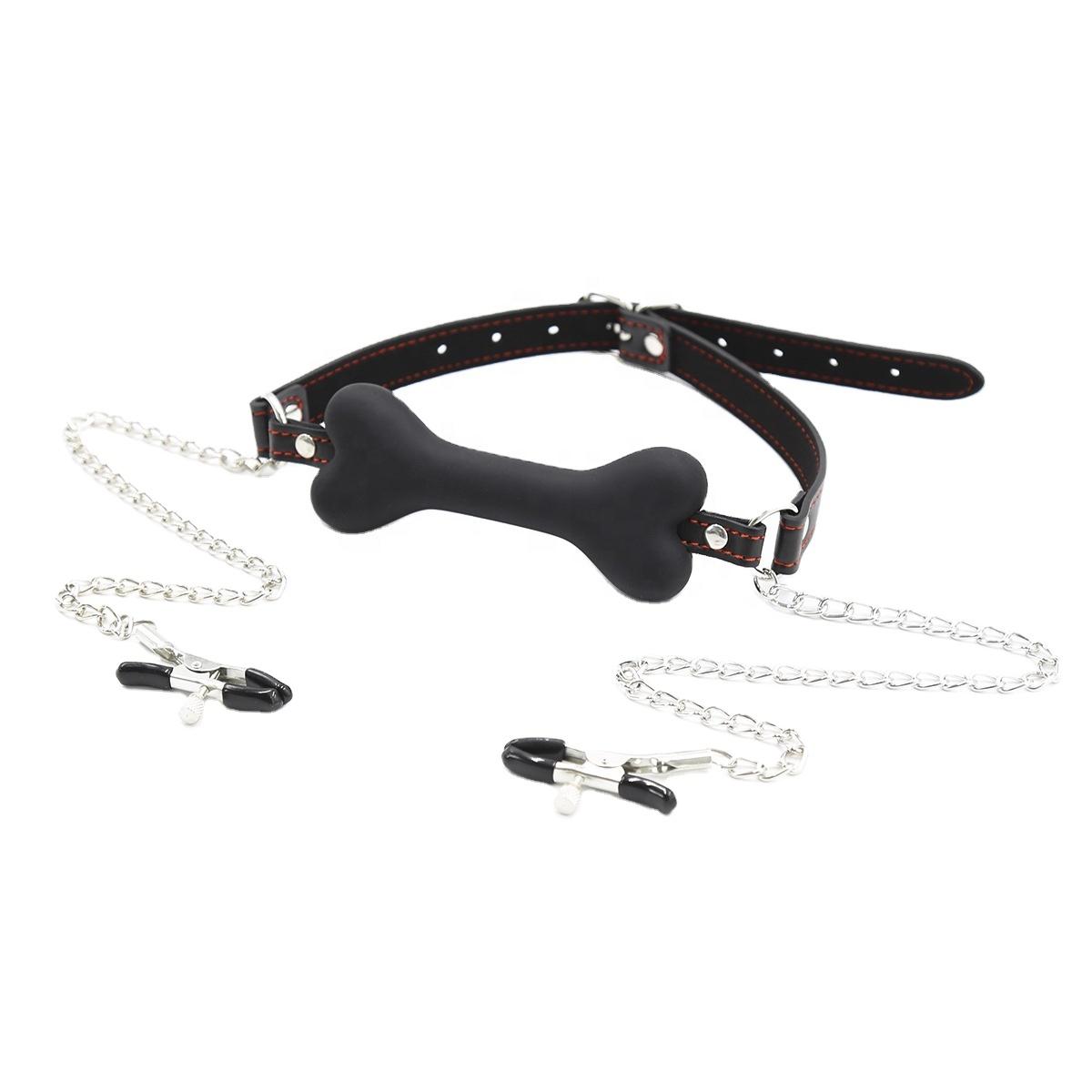 Hot-selling Solid Leather Harness Mouth Silicone Dog Bone Ball Gag Nipple Clamp Chain Bdsm Plug