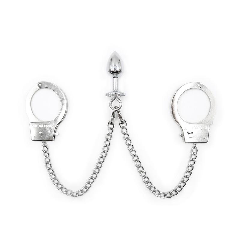 Sexy Sex Toy Training Binding Hand Cuffs With Silver Anal Plug With Iron Chain Handcuffs