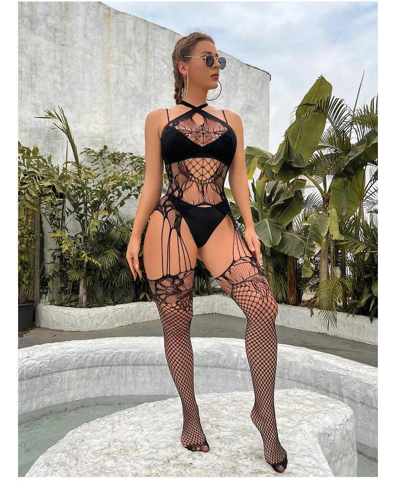 Hollow out sexy perspective connected mesh stockings and fun mesh underwear
