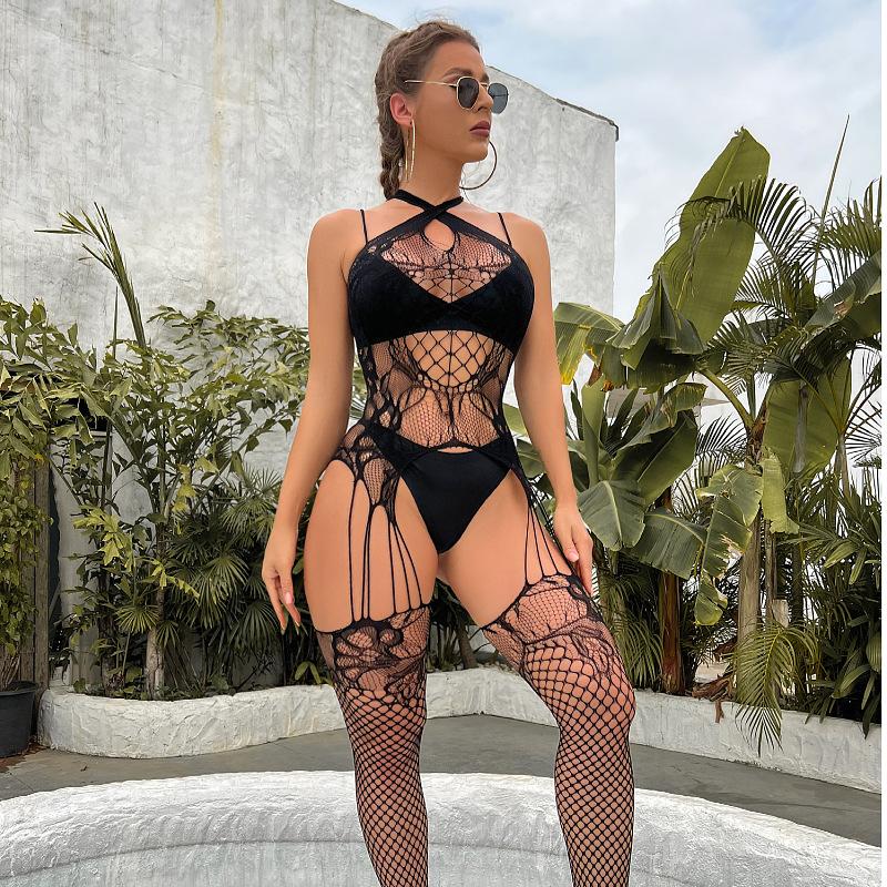 Hollow out sexy perspective connected mesh stockings and fun mesh underwear