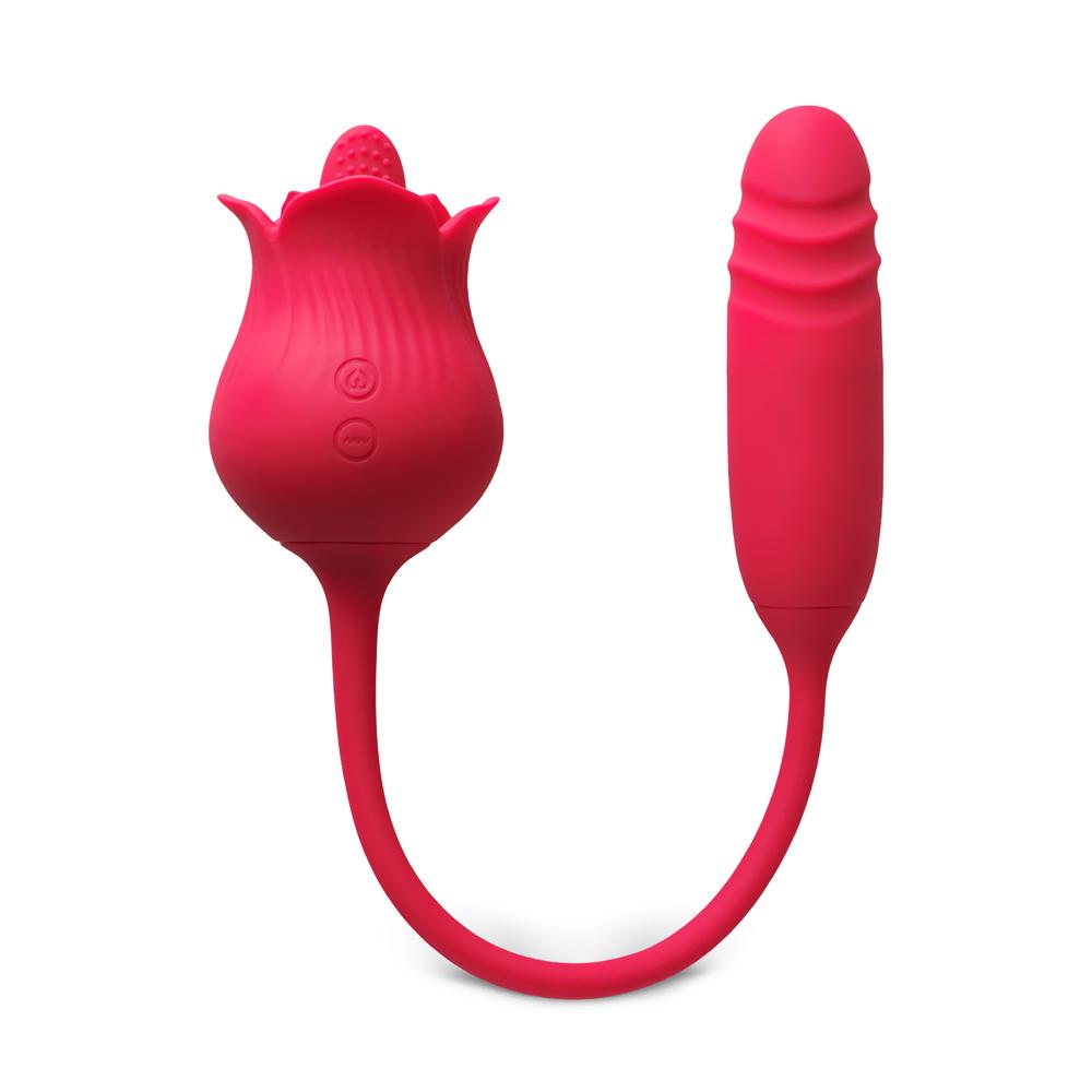 10-Speed Red Color Silicone Rose Sex Toy with Tongue and Thrusting Vibrator
